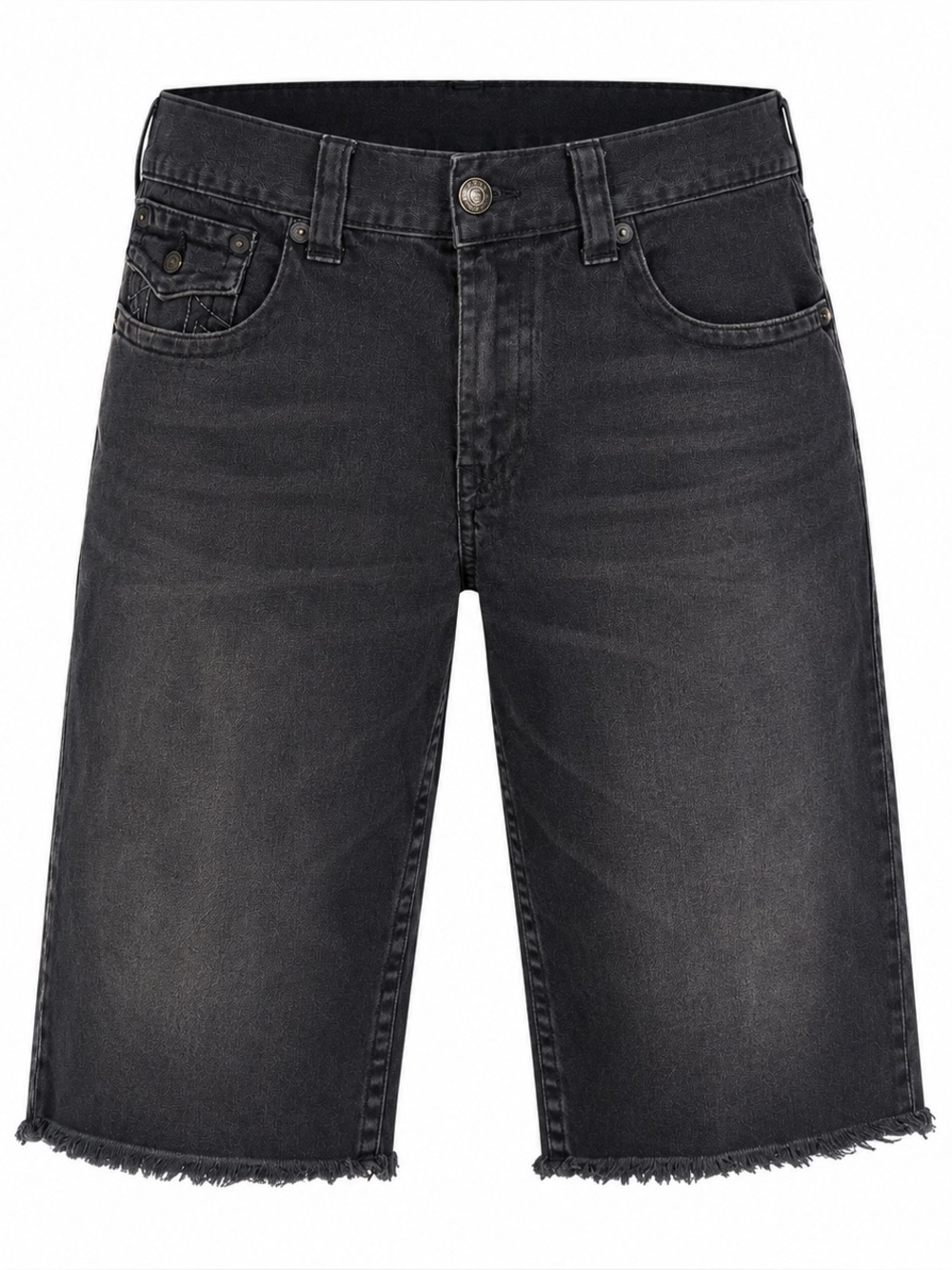 True Religion Straight Flap Black Denim Shorts Raw Hem 36 Faded Grunge Y2K Skate